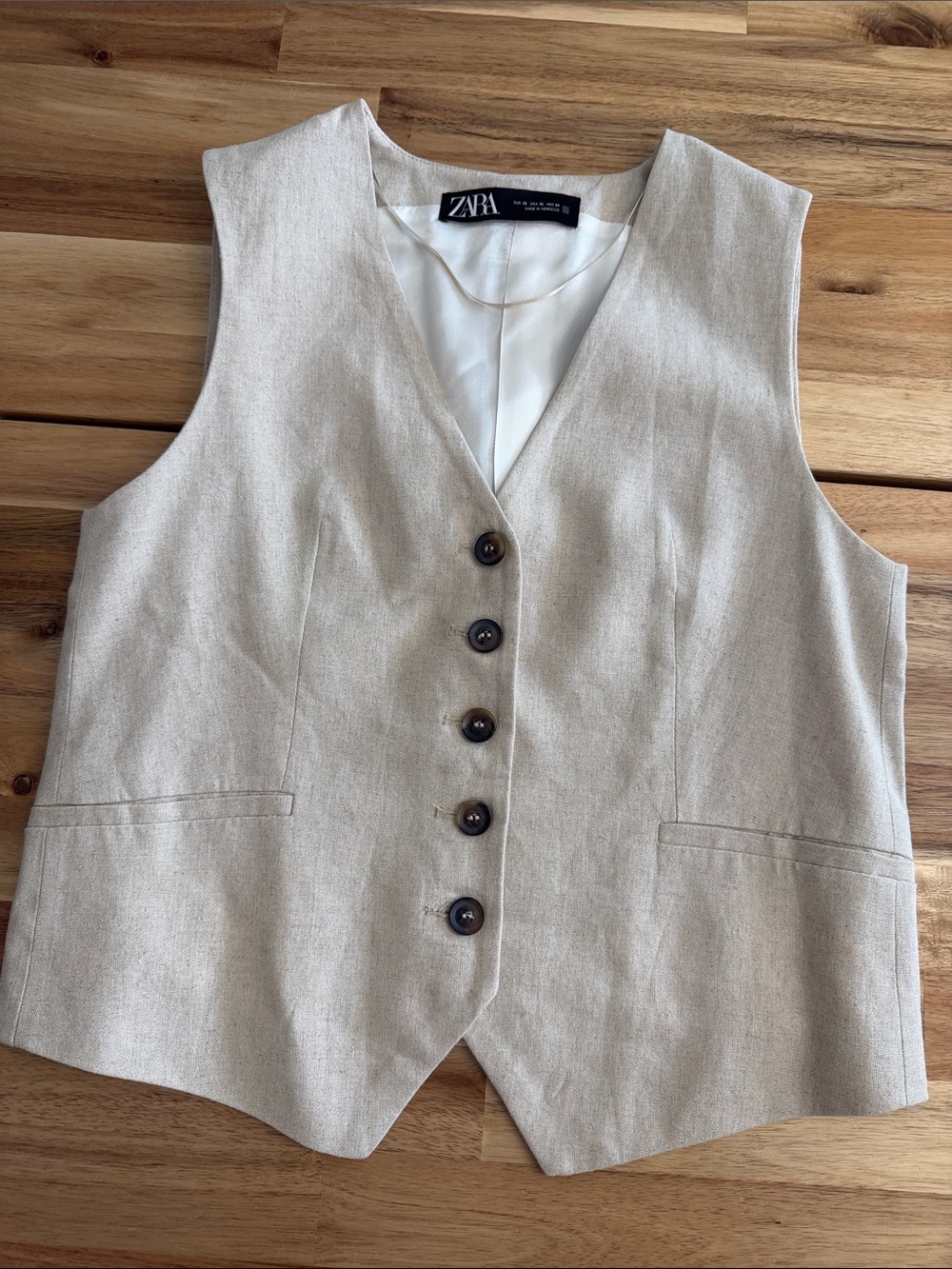 ZARA Beige Linen-Blend Tailored Vest